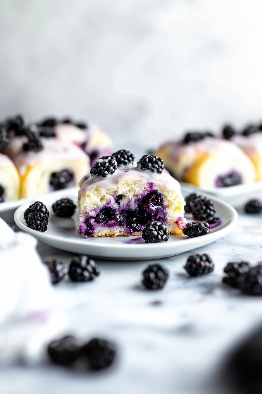 Iced pastry bursting with purple berry filling and fresh berries on top.