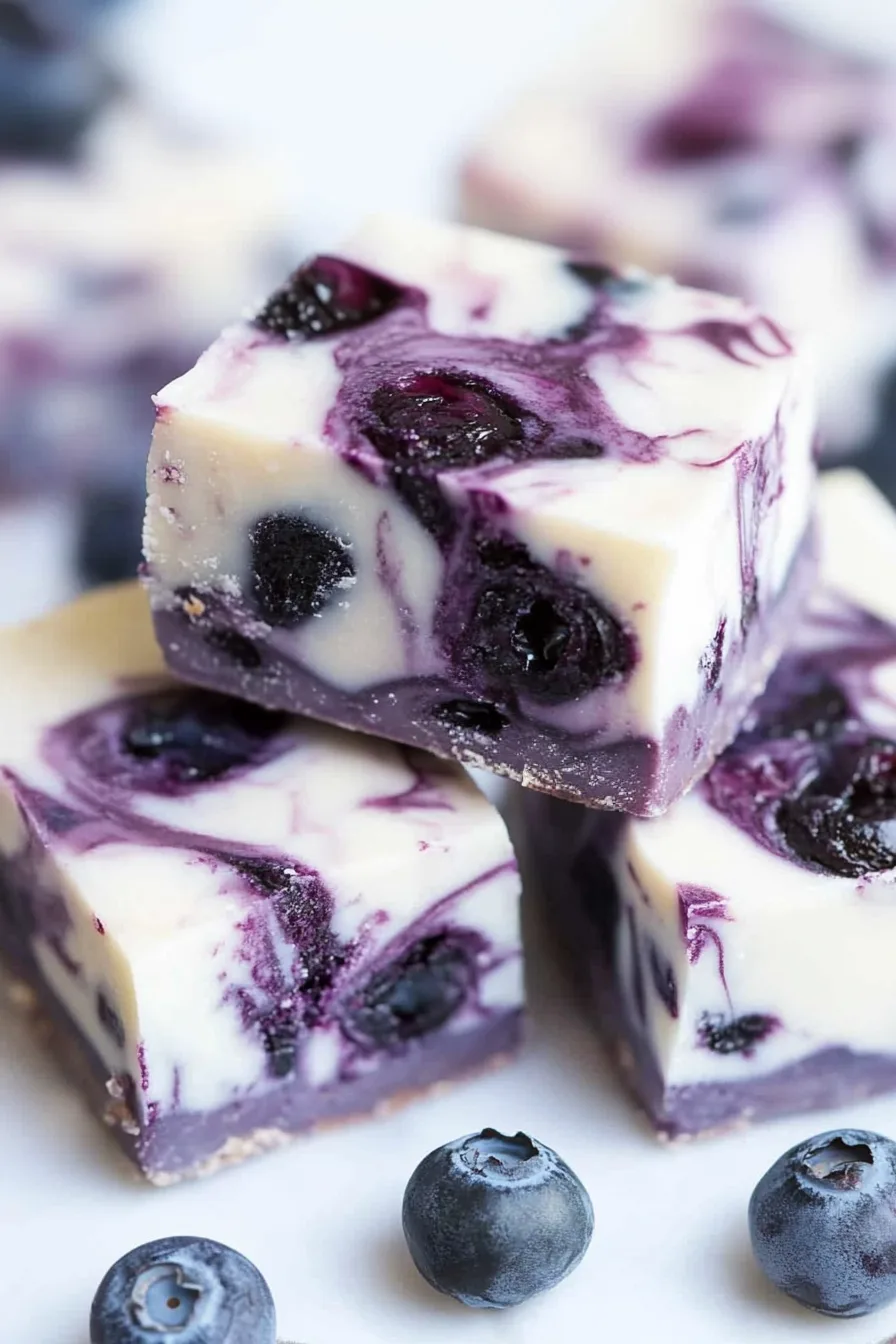 Thick, glossy fudge blocks featuring a mix of white and purple berry swirls.