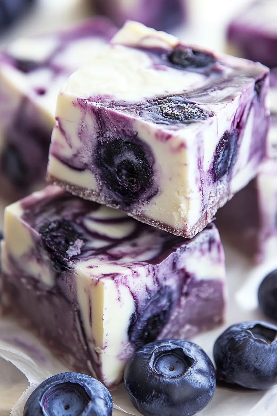 Close-up of creamy white fudge swirled with deep purple blueberry ribbons and whole berries.