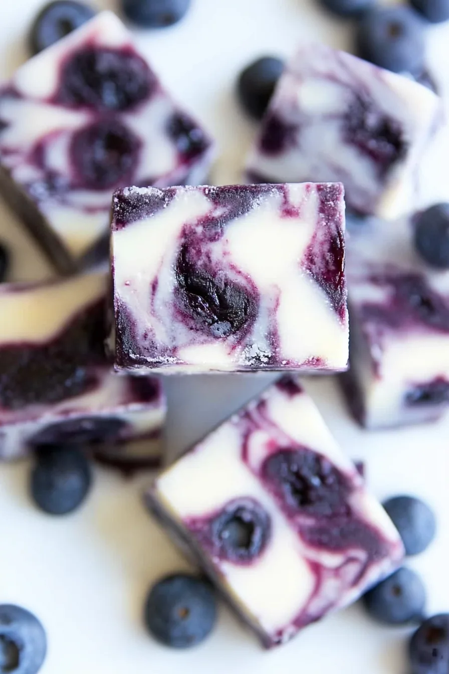 Stacked squares of berry-marbled fudge showing juicy blueberries throughout.