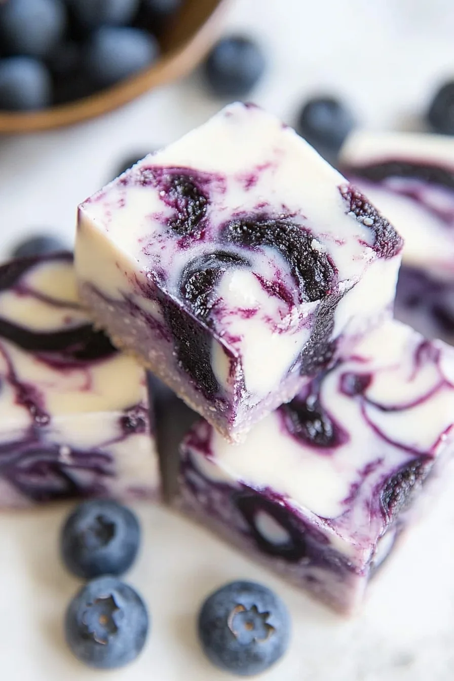 Cubed berry-studded fudge pieces arranged with fresh blueberries around them.