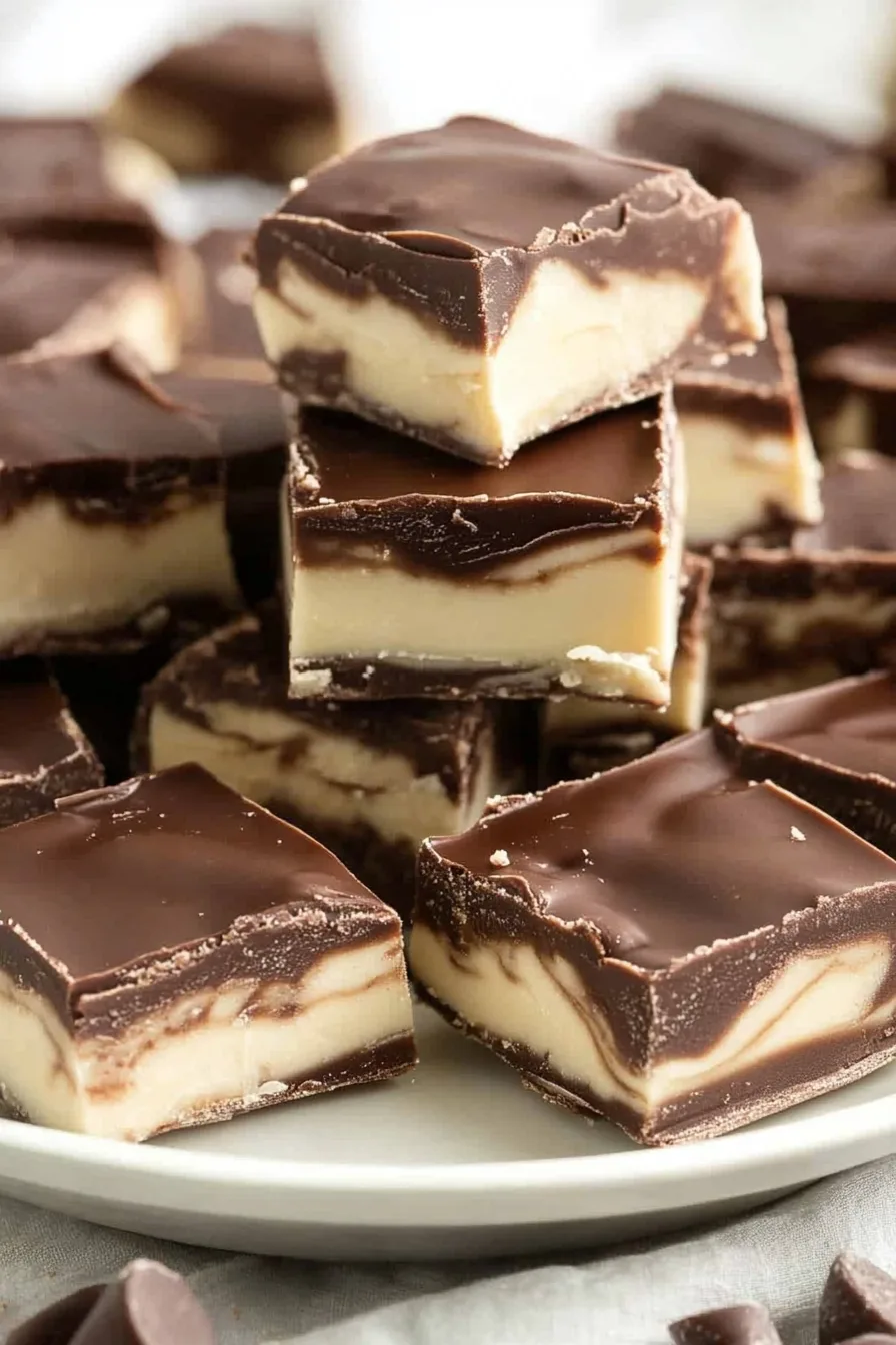 Layered fudge squares with dark chocolate tops and creamy vanilla centers, stacked on a serving plate.