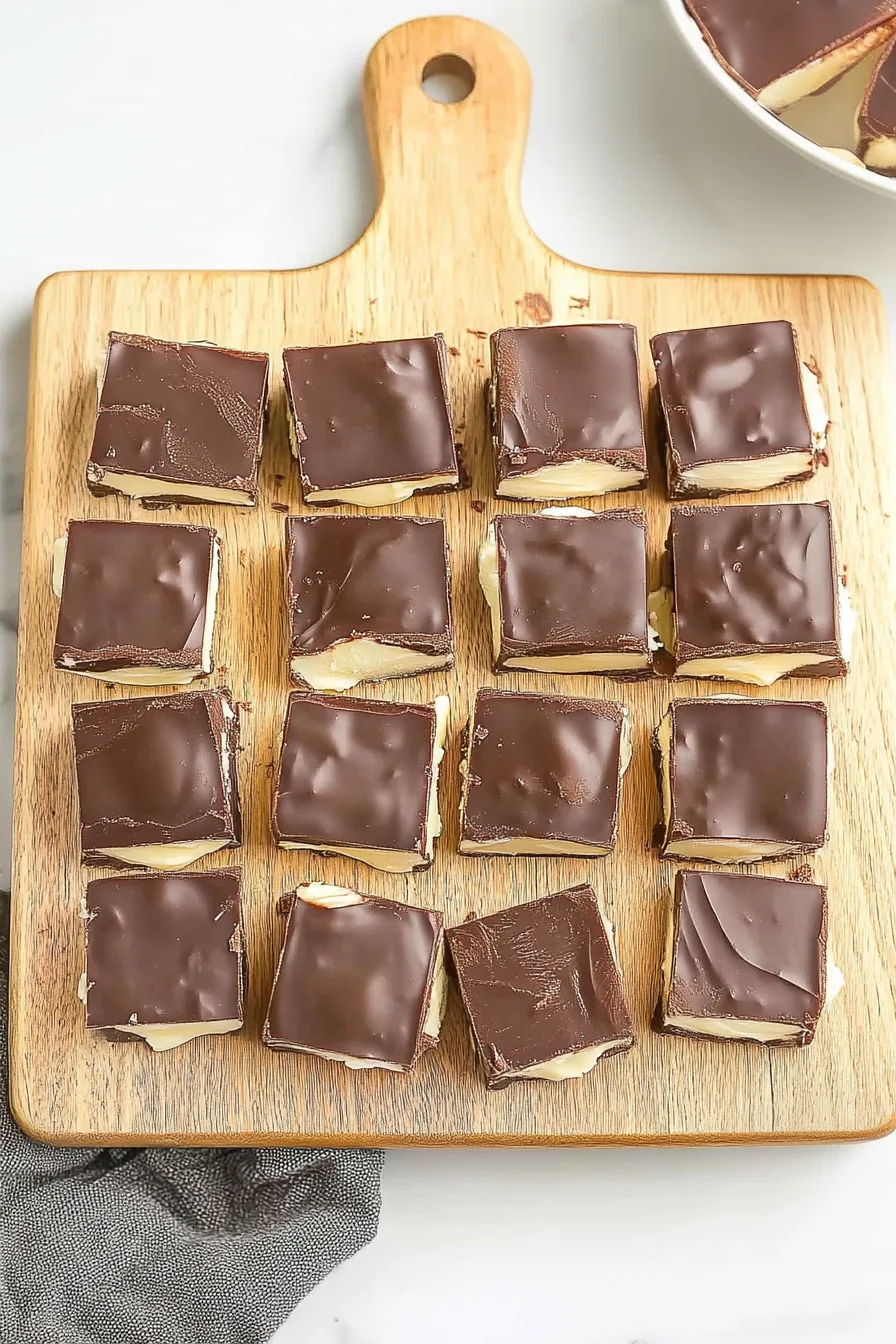 Overhead view of rich layered fudge with clean edges and glossy chocolate topping.