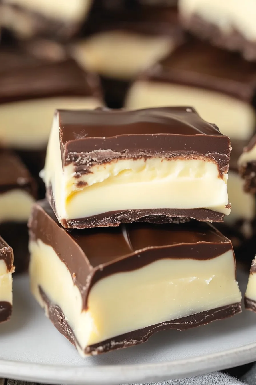 Close-up of layered fudge with smooth chocolate and pale filling, cut into neat squares.
