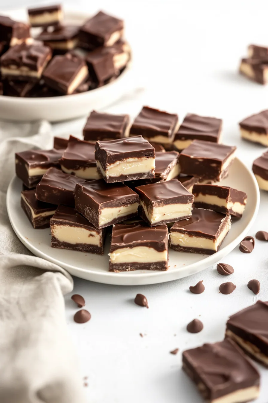 Final shot of fudge squares stacked for serving, showing distinct layers and indulgent texture.