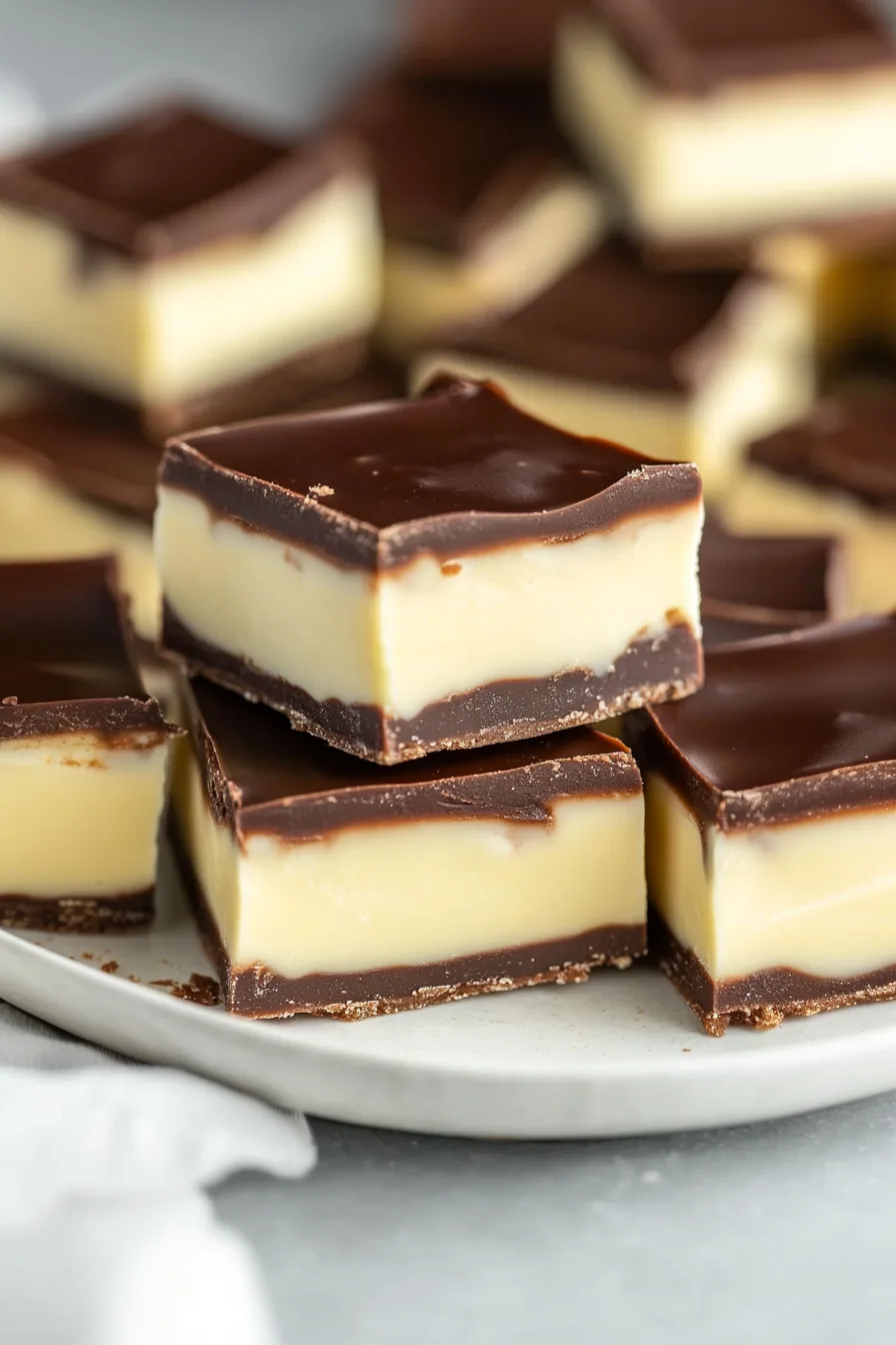 Stacked fudge squares with dark chocolate tops and creamy vanilla centers on a serving plate.