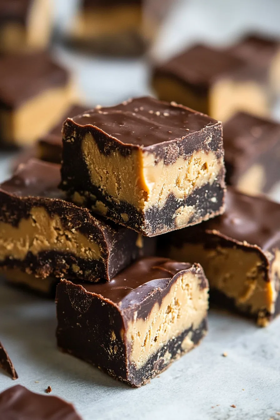 Squares of layered chocolate and peanut butter fudge stacked on a plate.