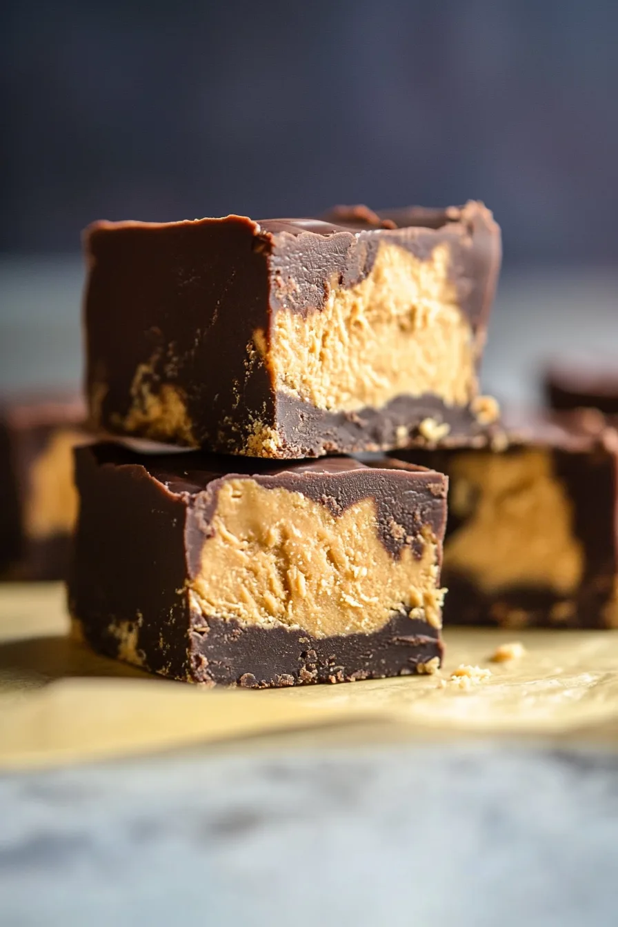 Two-layer fudge showing a thick peanut butter base and glossy chocolate top.