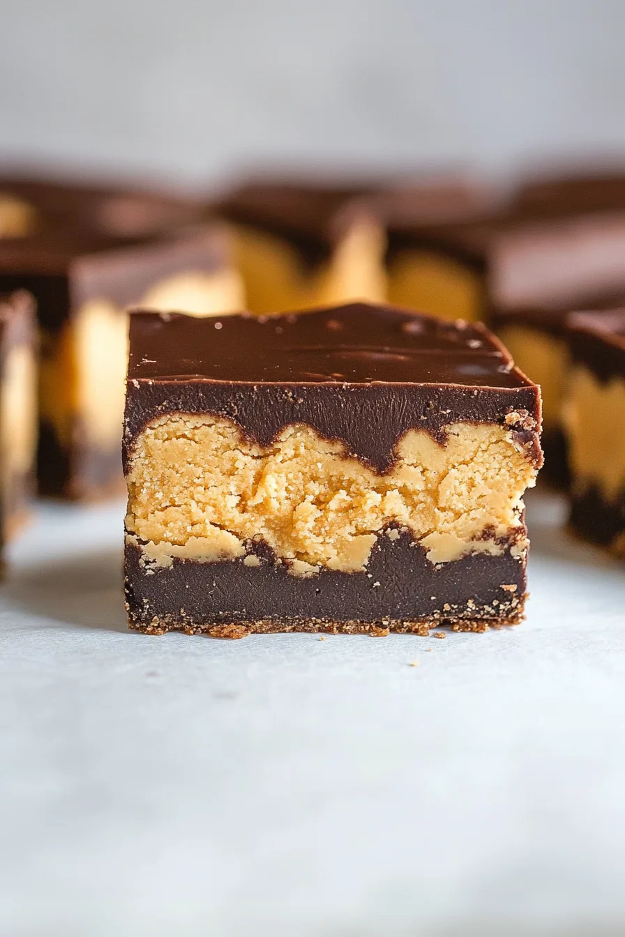 Close-up of creamy peanut butter fudge with a smooth chocolate layer