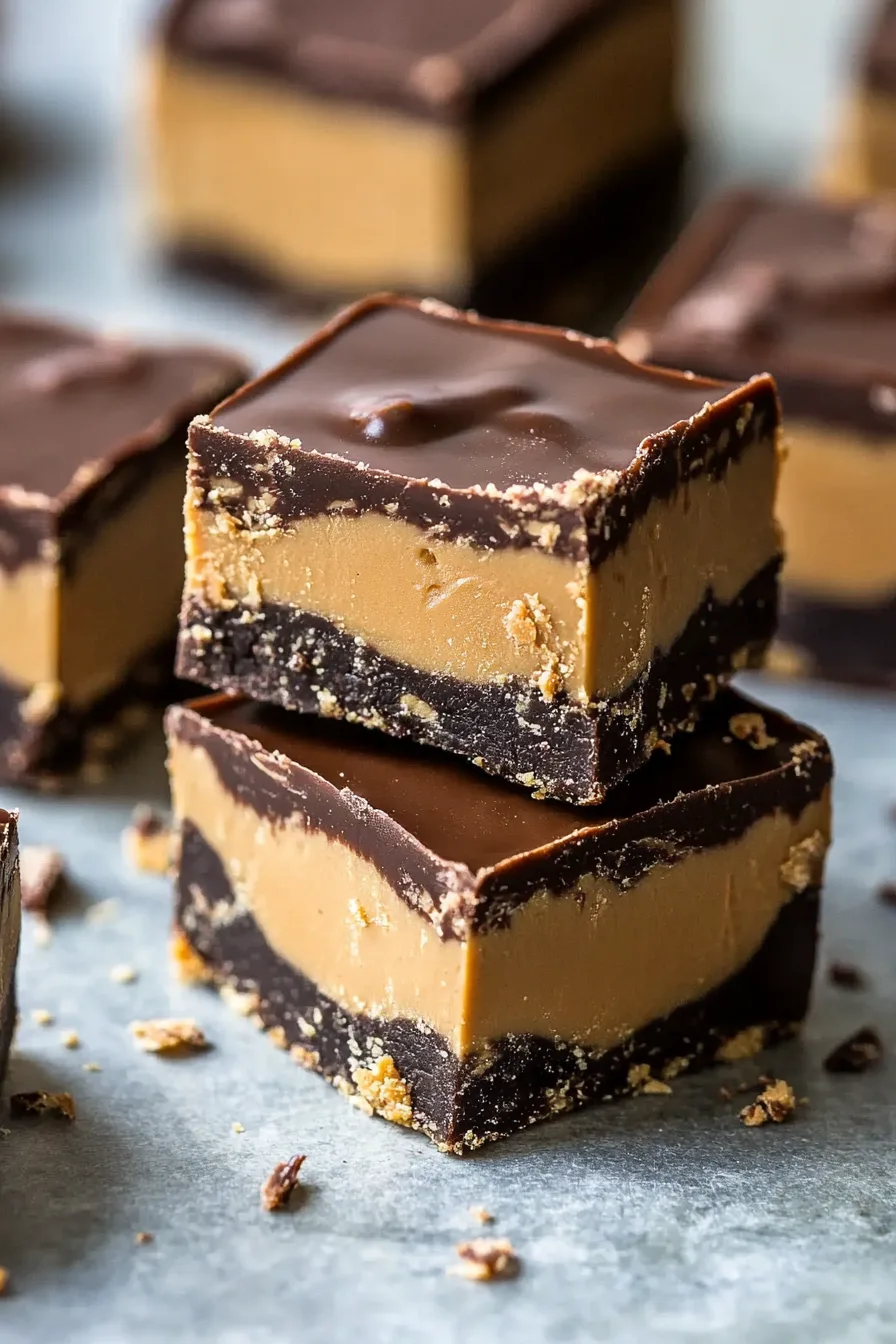 Close-up of creamy peanut butter fudge topped with a smooth chocolate layer.