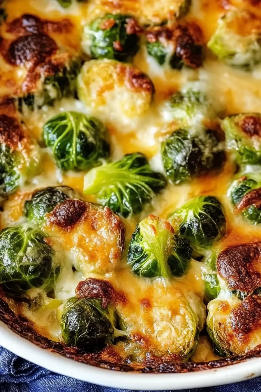 Roasted Brussels sprouts coated in a creamy, melted cheese topping.