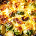 Skillet filled with roasted sprouts covered in a rich cheese sauce.