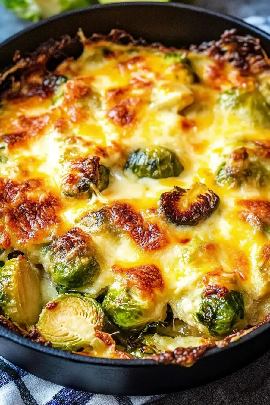 Skillet filled with roasted sprouts covered in a rich cheese sauce.