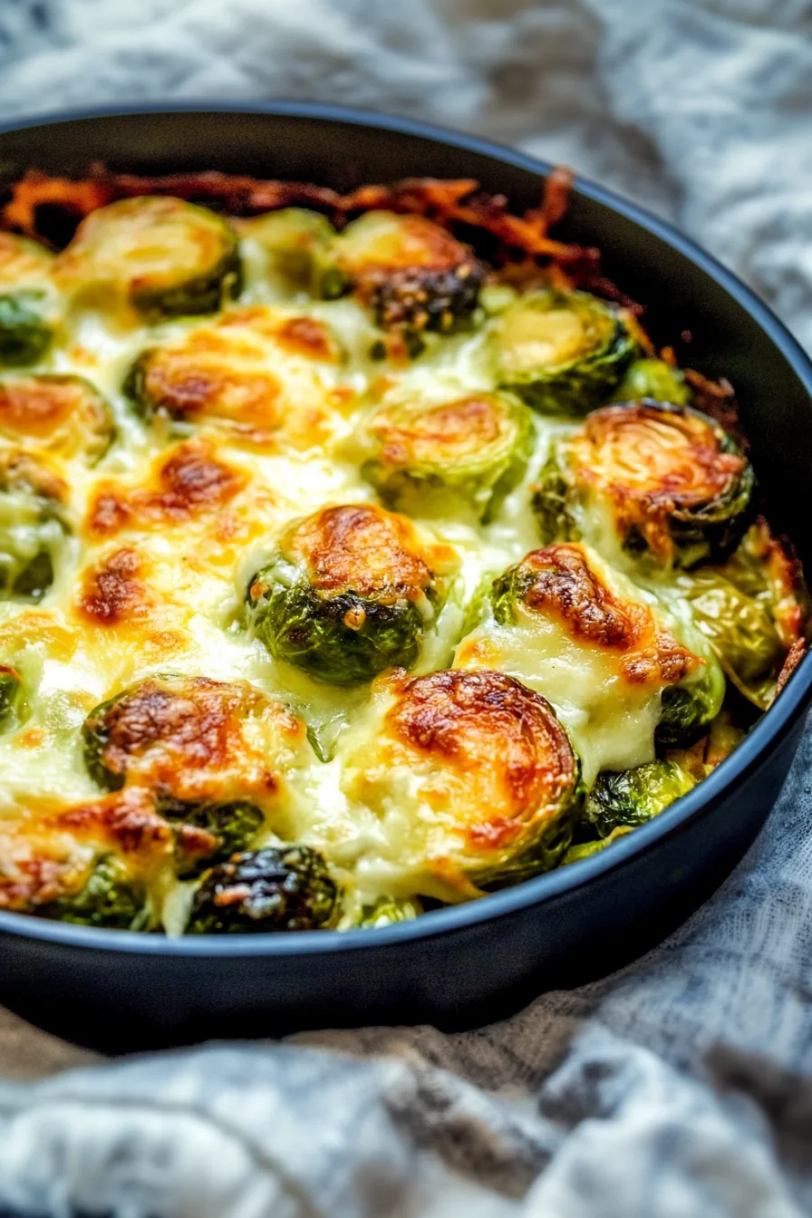 Baked sprouts with browned cheese on top and lightly crisp edges.