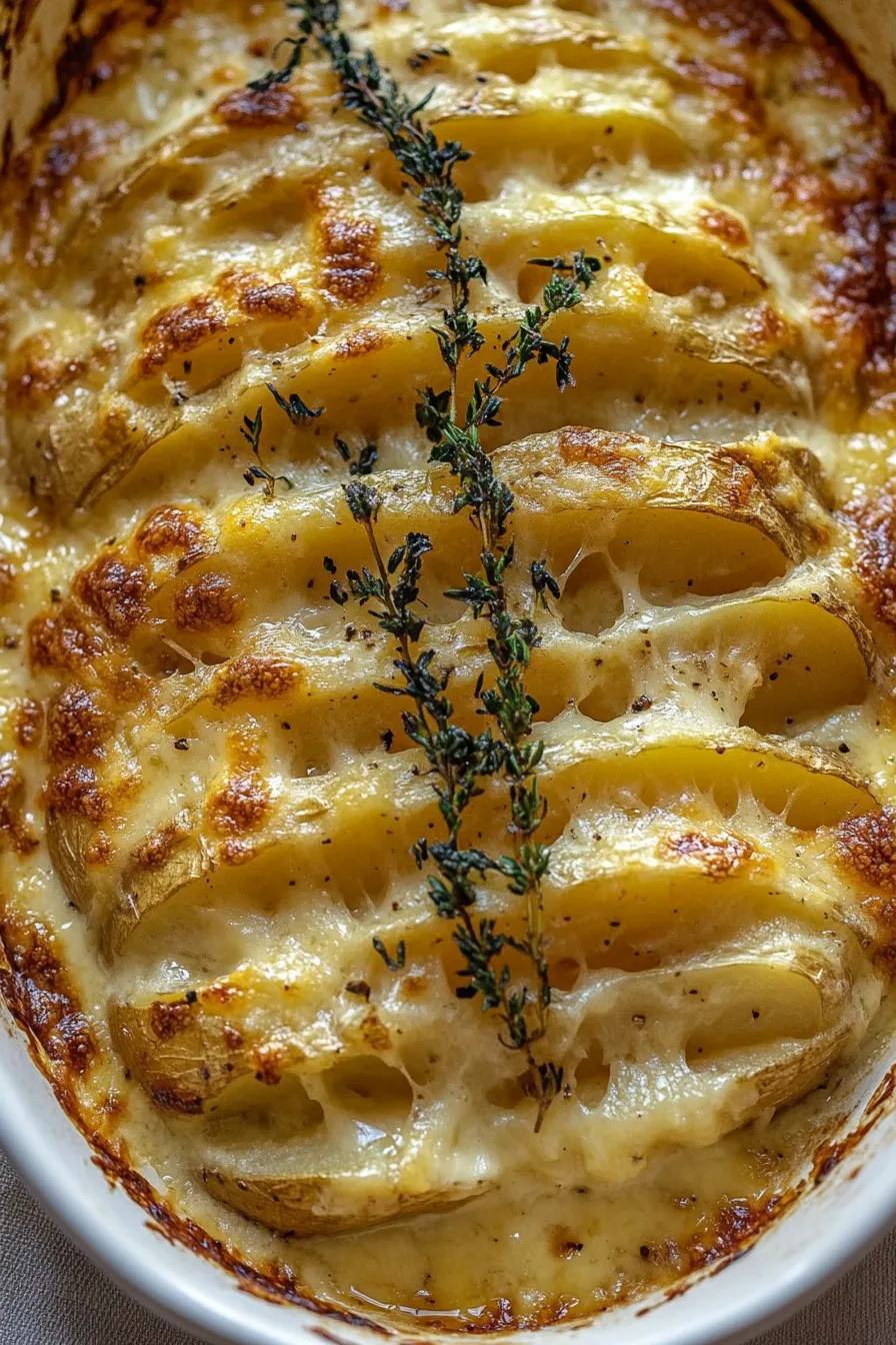 Golden sliced potatoes baked in a creamy cheese sauce until bubbling and crisp.