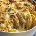 Serving of layered potatoes with a golden, cheesy crust and soft interior.