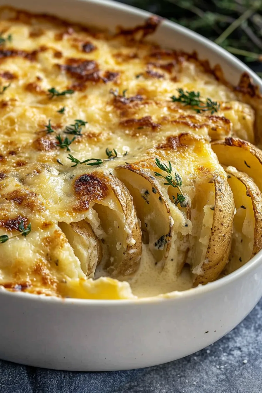 Serving of layered potatoes with a golden, cheesy crust and soft interior.