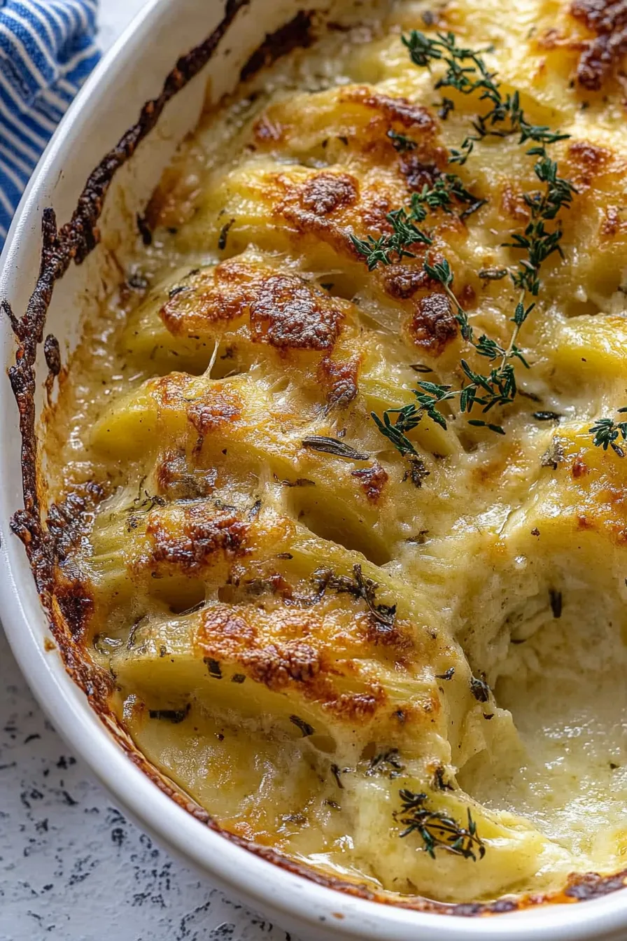 Baked potato dish with fanned slices and a rich, cheesy finish.