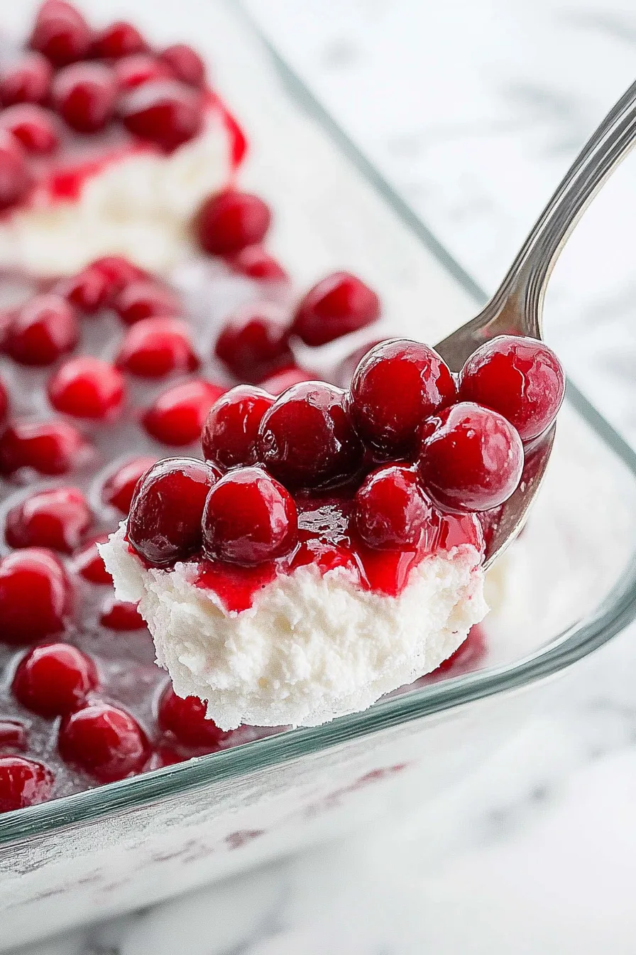 Cherry-studded dessert with bright red glaze dripping over a smooth, creamy base.