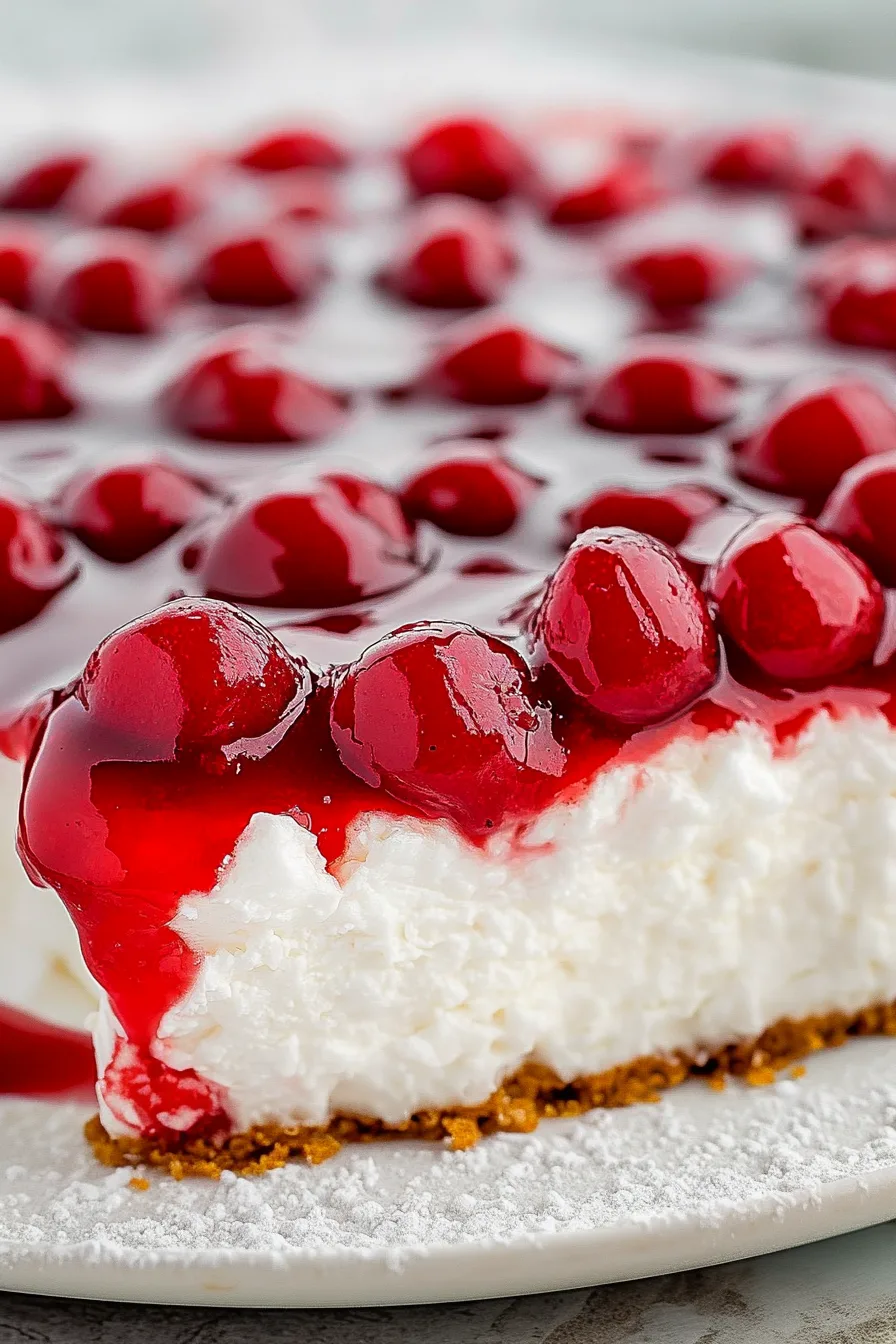 Close-up of a creamy dessert topped with glossy cherries and vibrant red syrup.