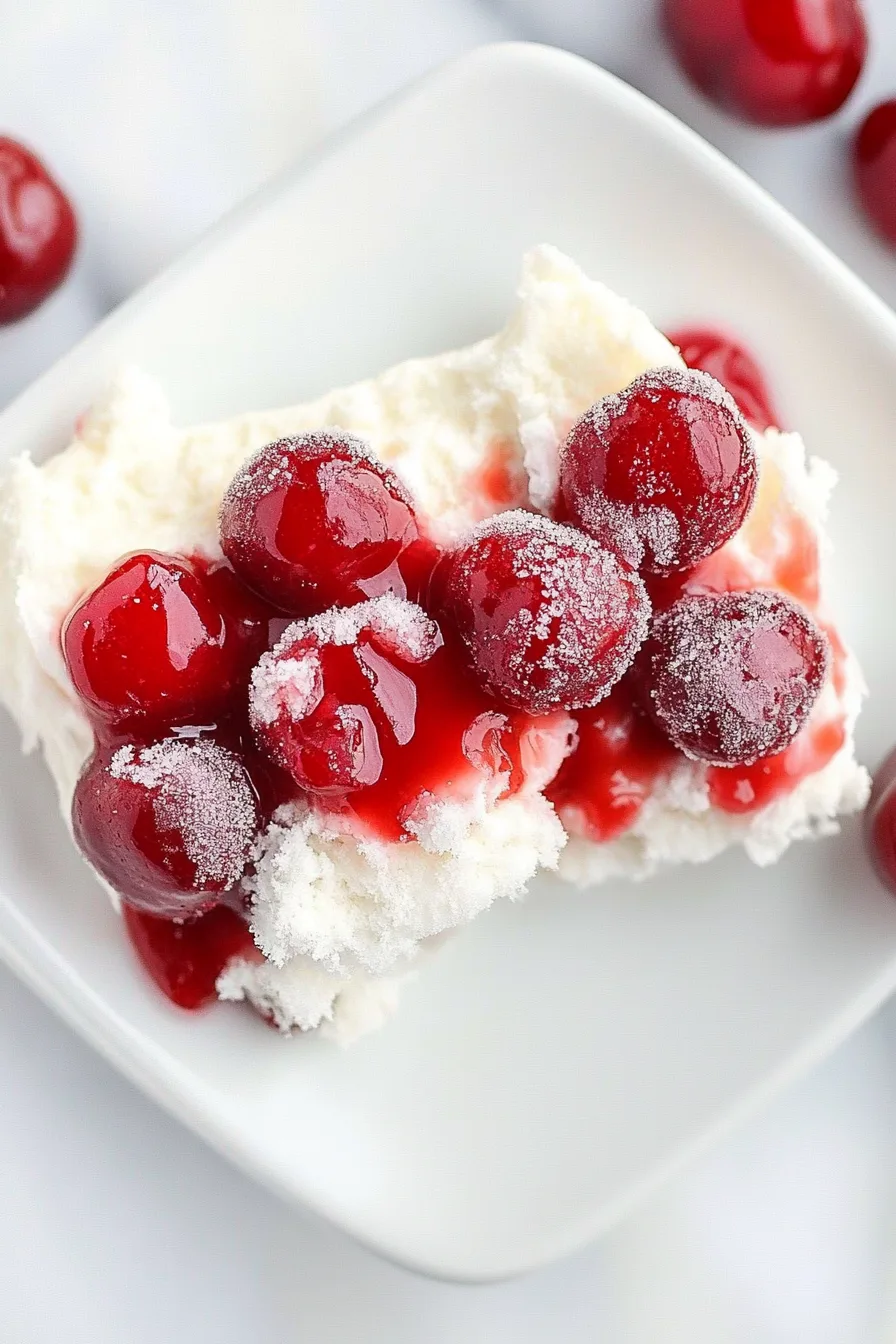 Cut piece showing the contrast between the rich cherry topping and the soft, snowy white filling.