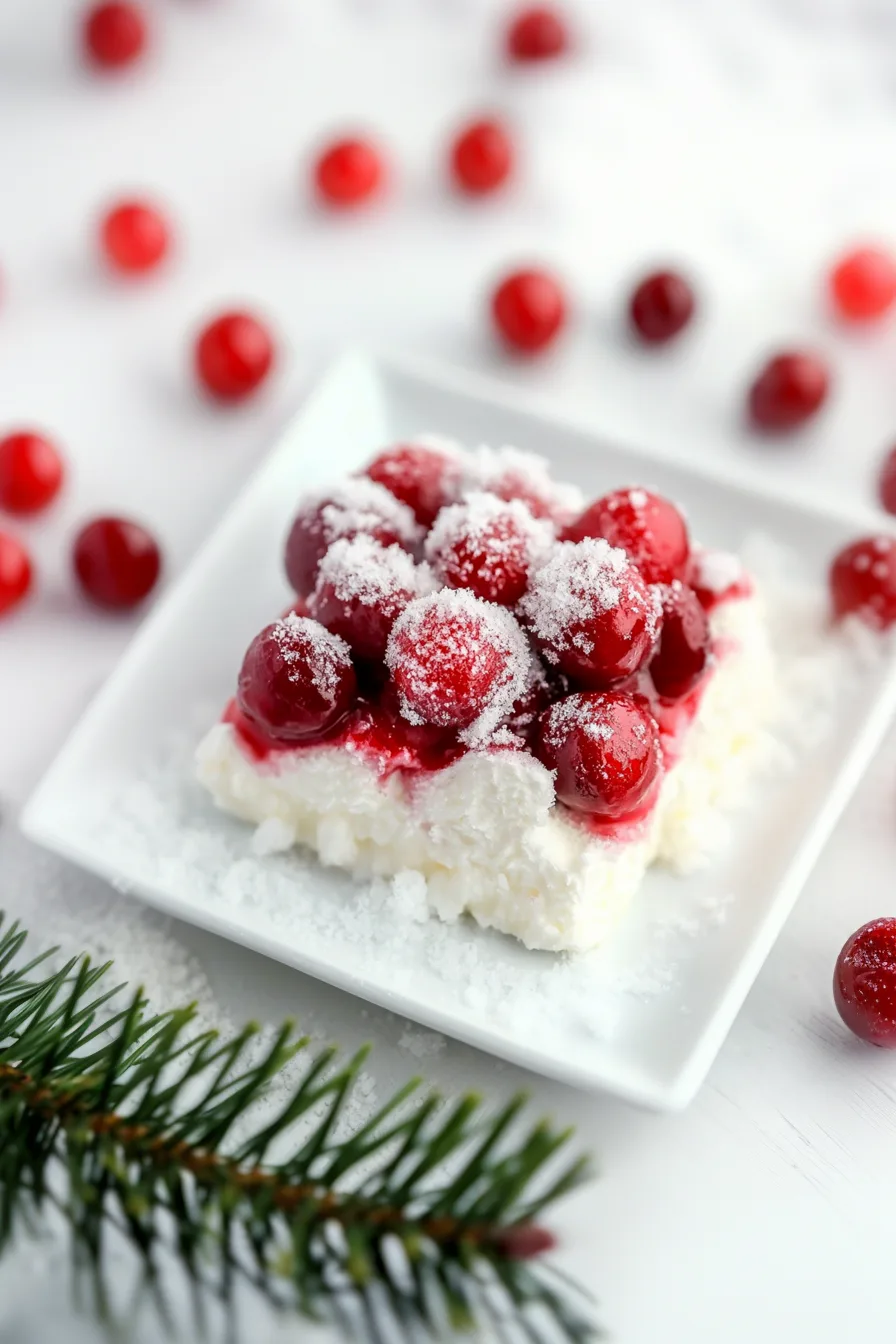 Dessert plate featuring a thick cherry layer over a light, whipped cream-style center.