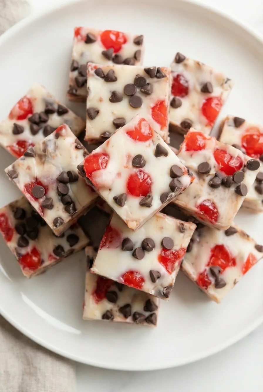 Final shot of Cherry Garcia fudge stacked neatly for serving, highlighting its creamy texture and mix-ins.