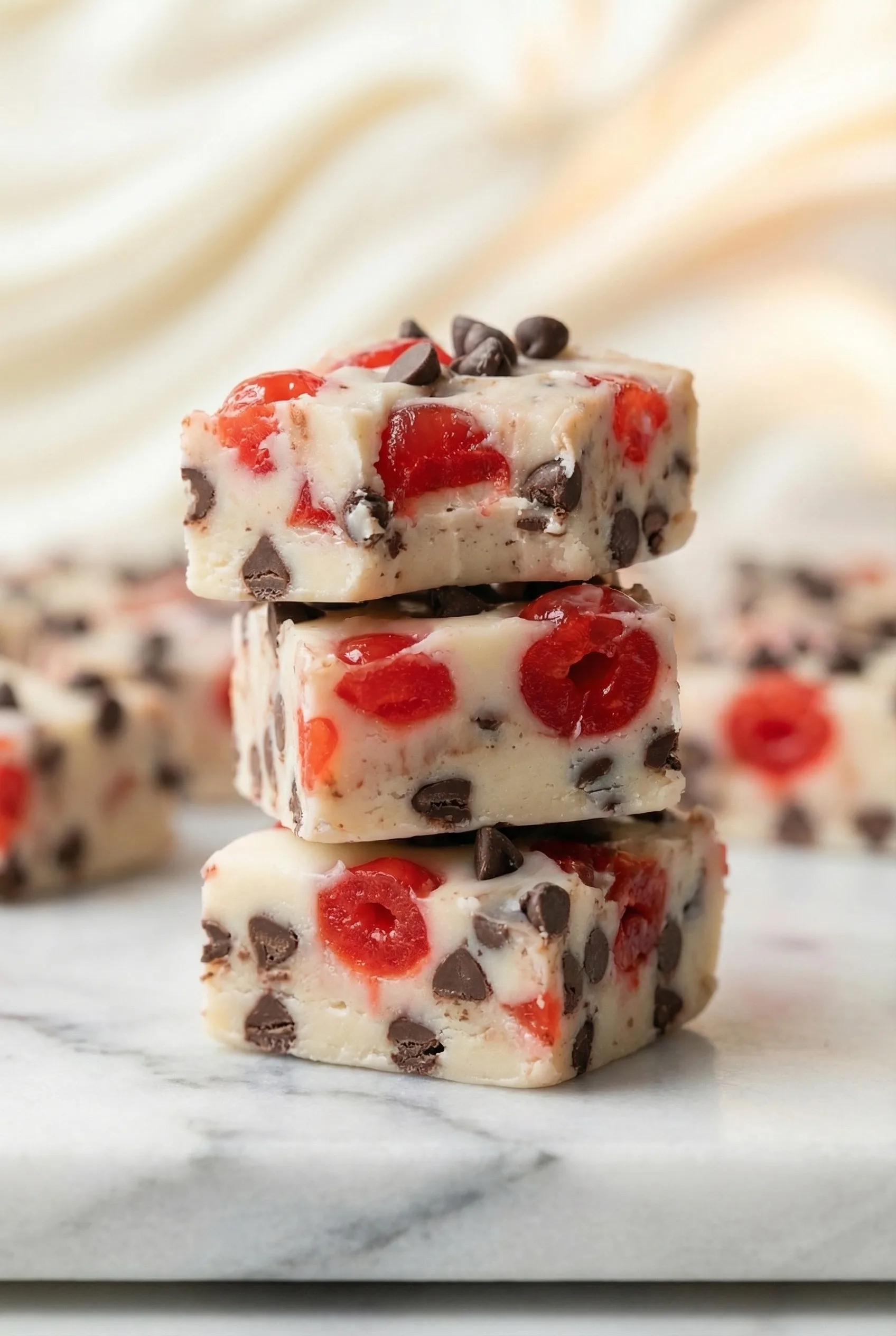 Close-up of maraschino cherry–studded fudge with glossy chocolate chips and smooth vanilla base.