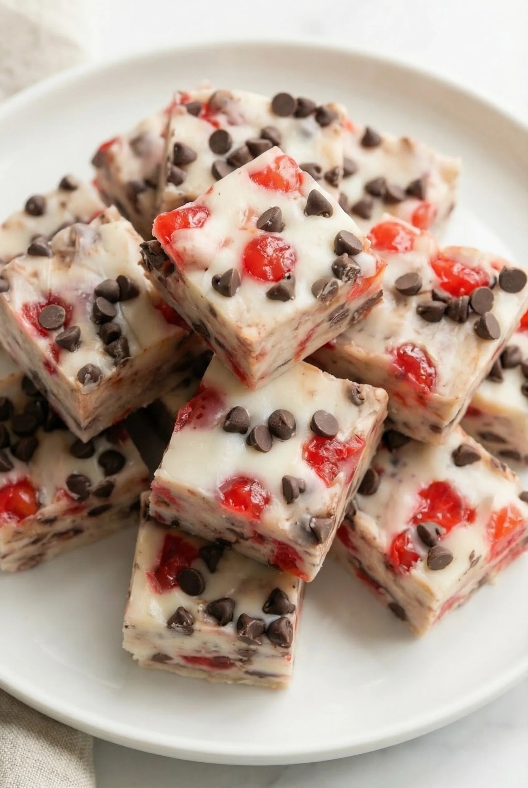 Overhead view of festive fudge bites with vibrant red cherries and dark chocolate accents