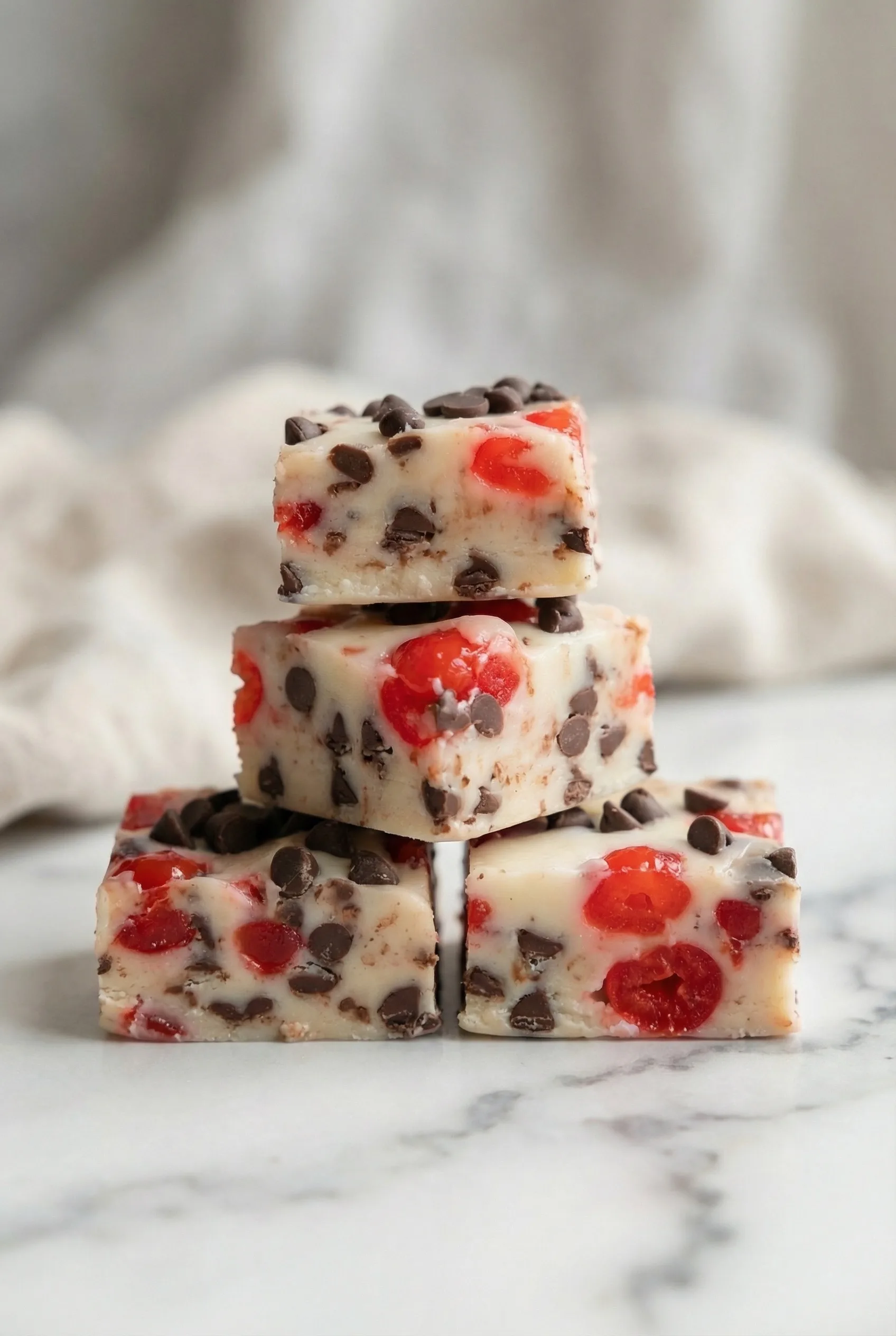 Stacked squares of creamy white fudge dotted with cherries and chocolate chips on a soft swirl backdrop.