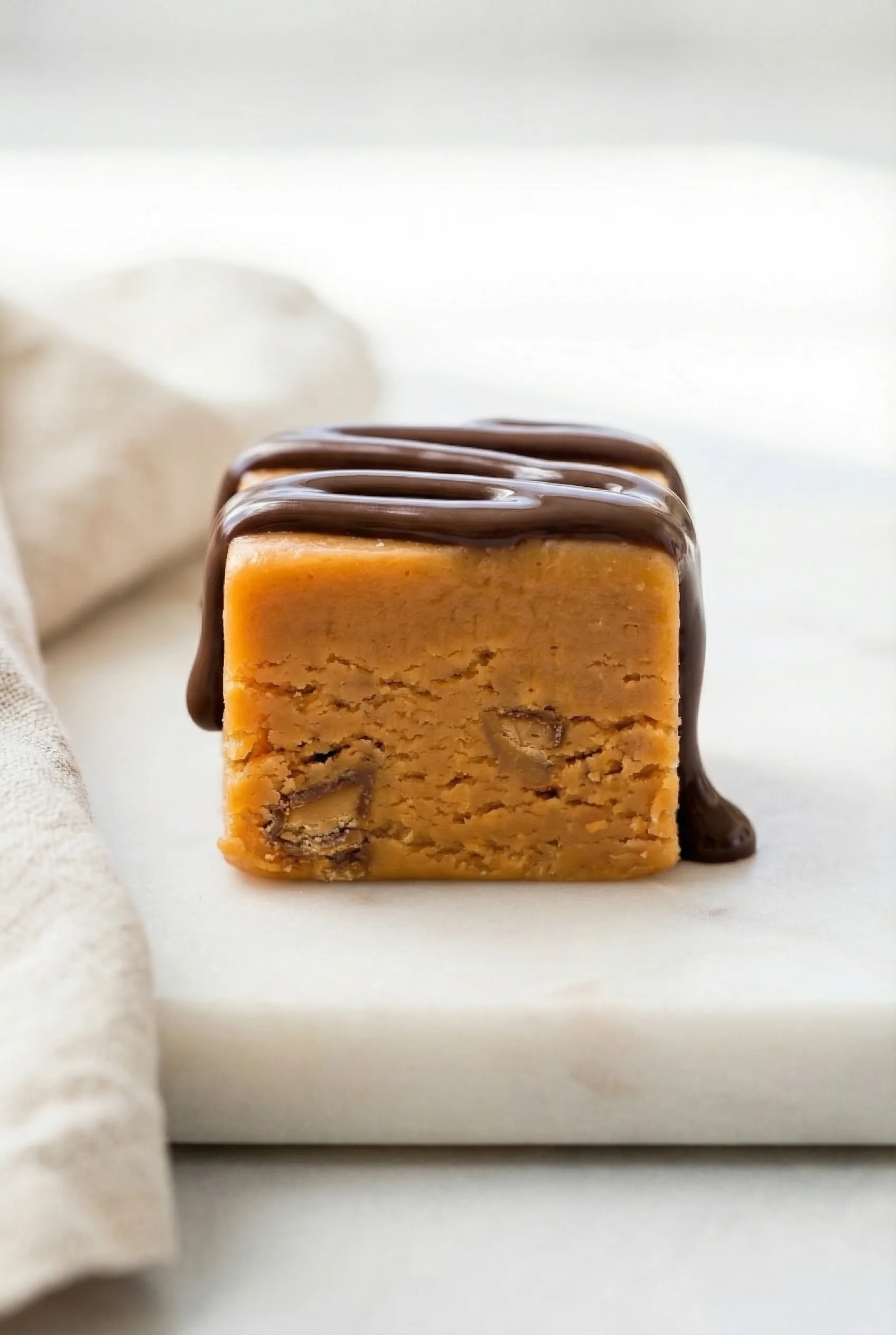 Close-up of bite-marked fudge pieces showing smooth texture and layered chocolate topping.