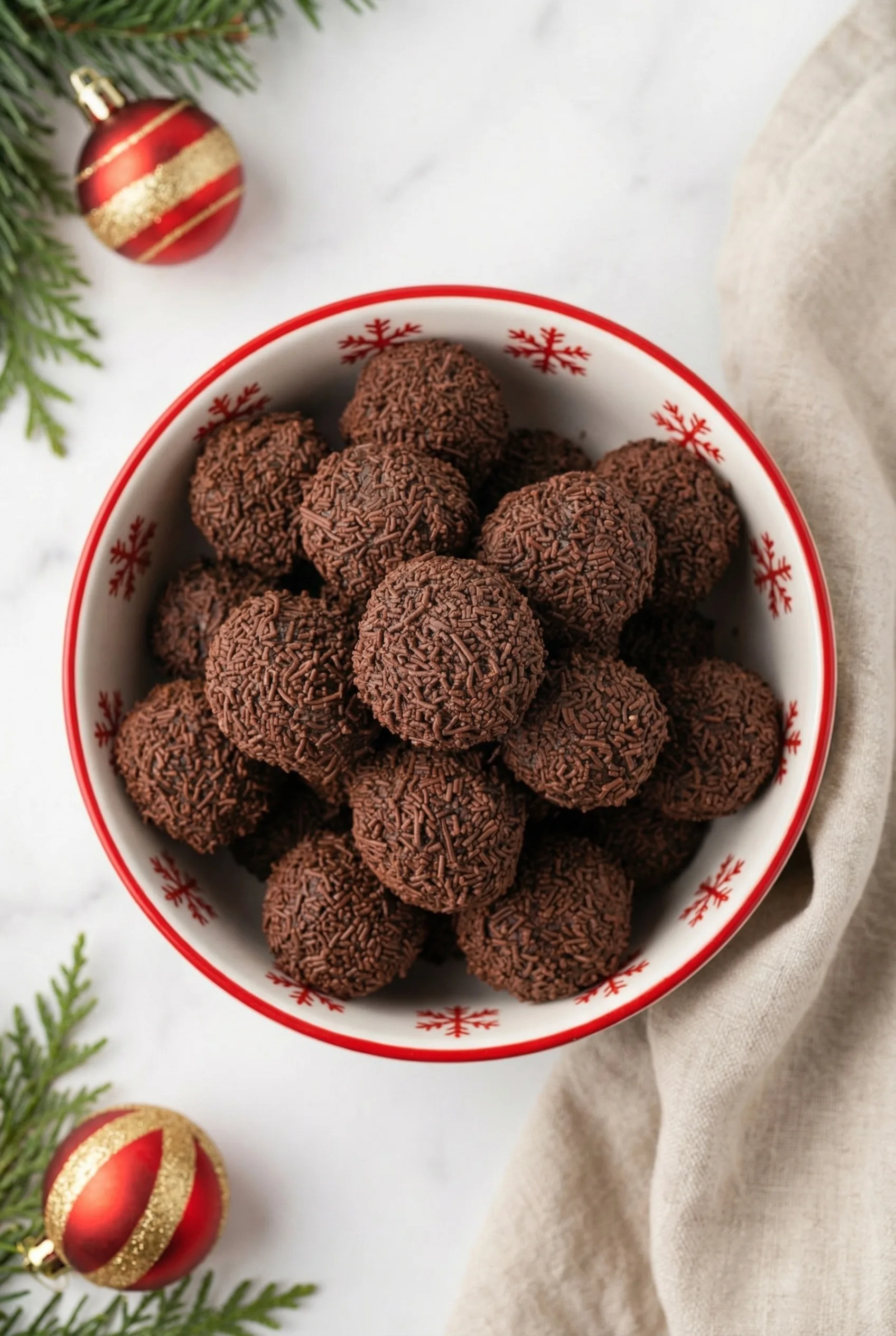 Truffle bites piled in a small bowl, showing their soft, velvety texture.