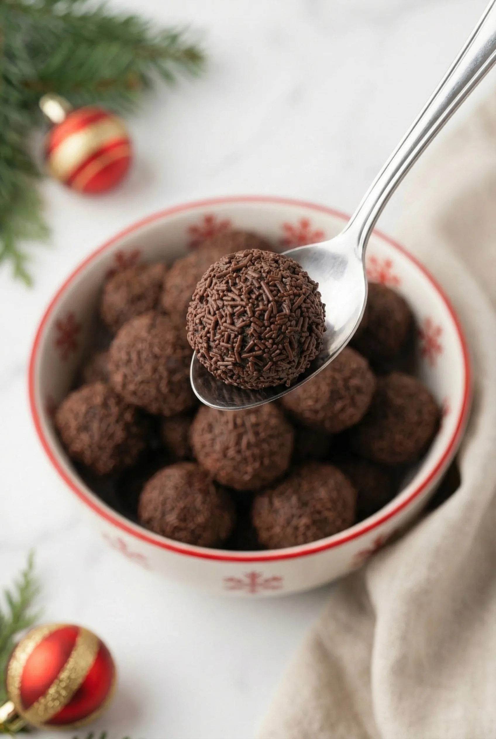 Close-up of a spoon lifting a sprinkle-covered truffle from a festive bowl.