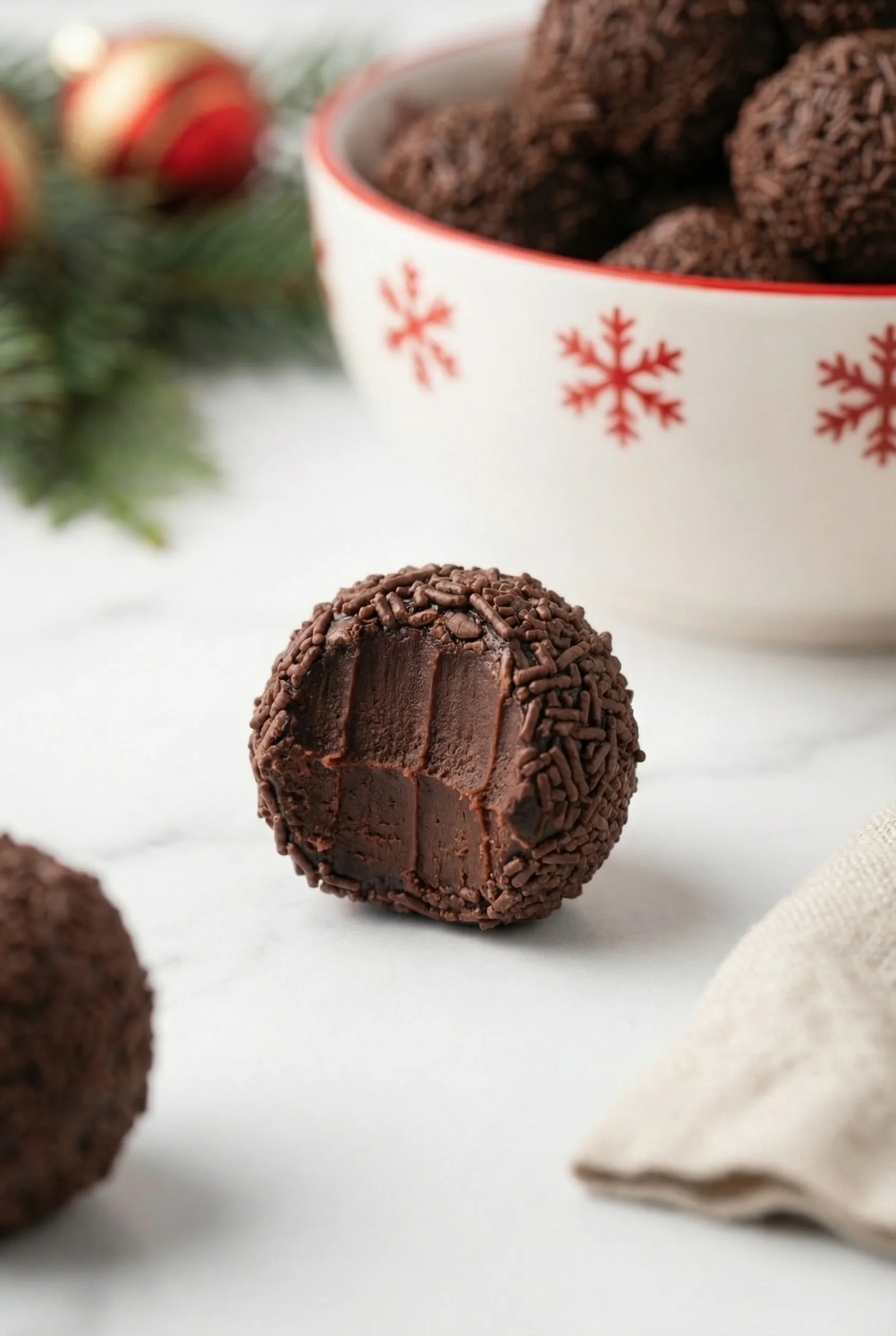Bitten truffle showing smooth, rich filling against a festive holiday backdrop.