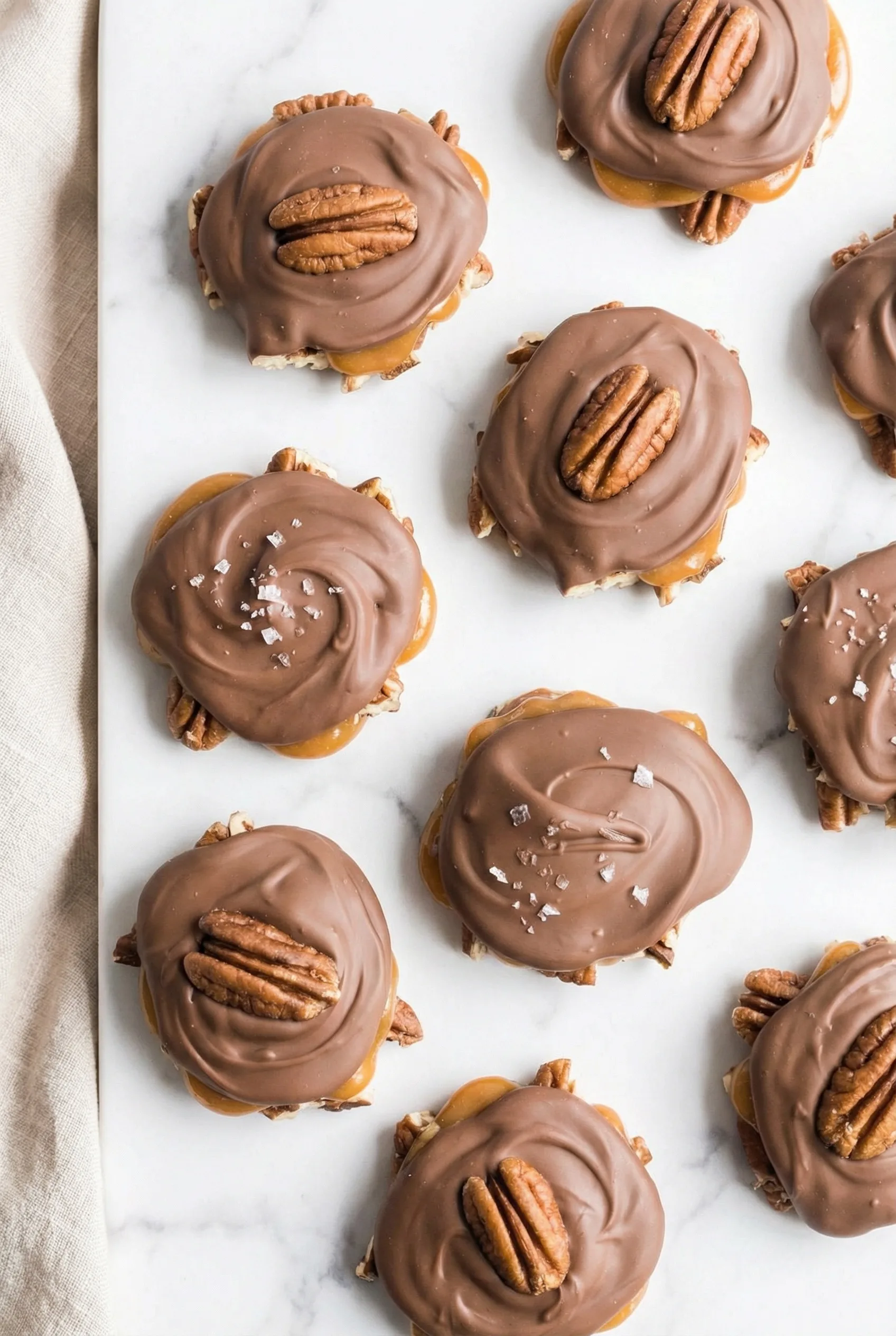 Handmade pecan and caramel treats with a chocolate shell displayed on a marble surface.