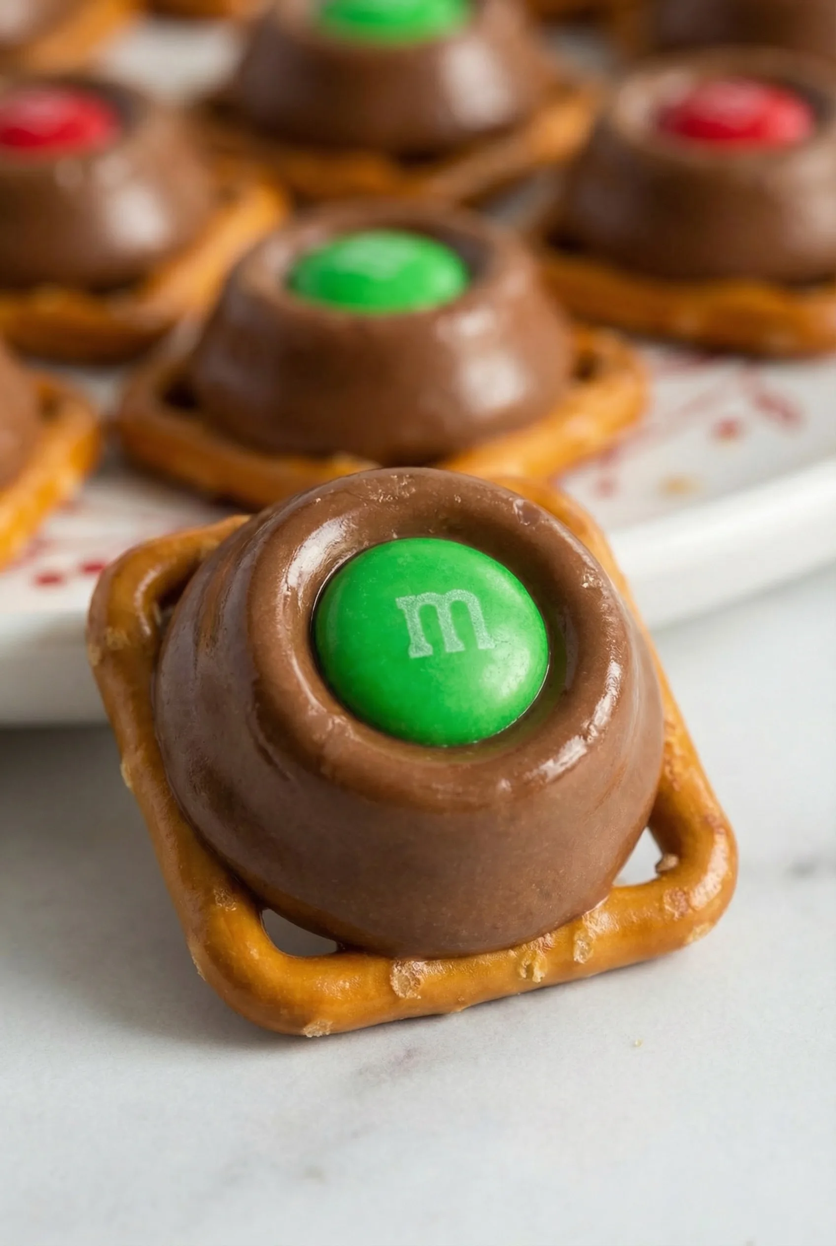 A close-up of a pretzel topped with a melted chocolate caramel candy and a green candy center.
