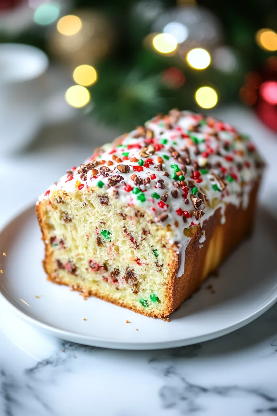 Golden, braided loaf dusted lightly with powdered sugar on a holiday serving plate.