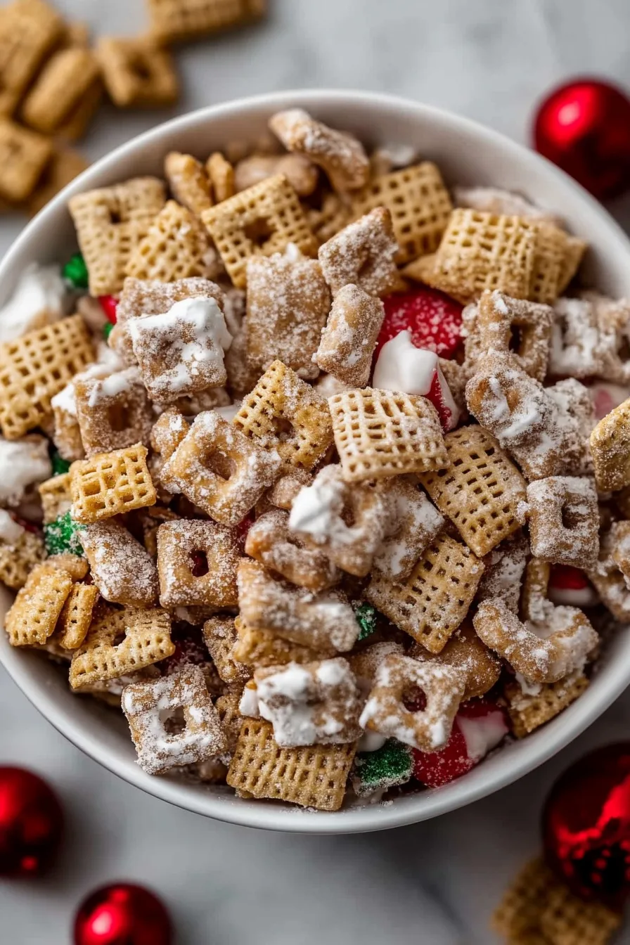 Overhead view of a mixed snack blend featuring cereal, nuts, and candy pieces.