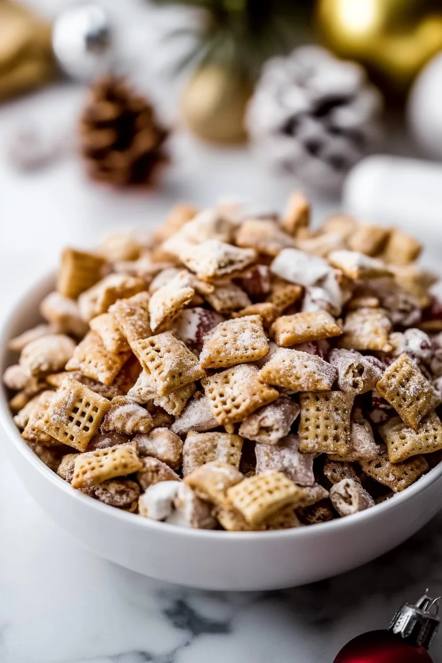 A bowl filled with coated cereal pieces and festive mix-ins.