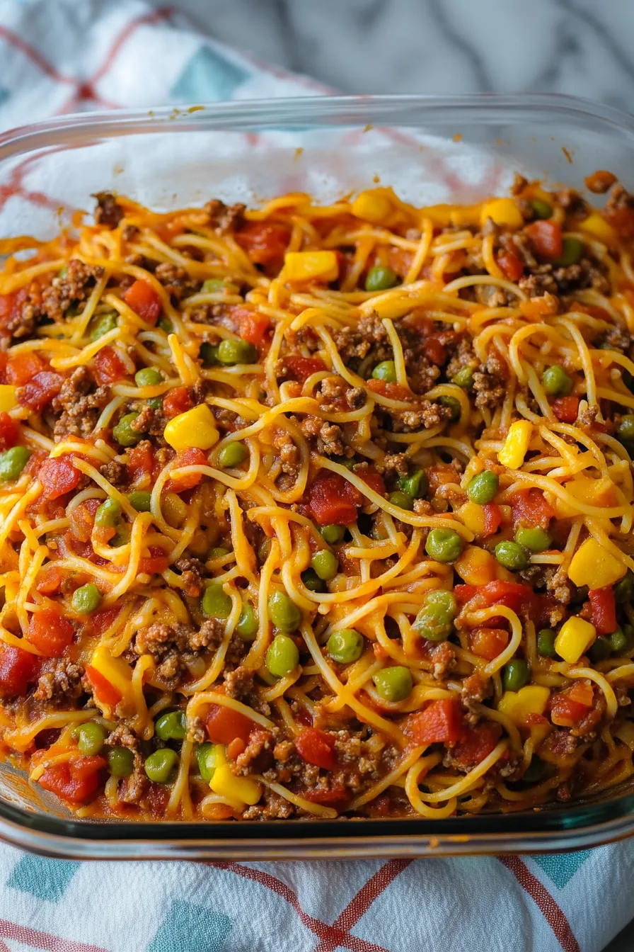 Baked spaghetti dish with a golden, bubbly top layer.