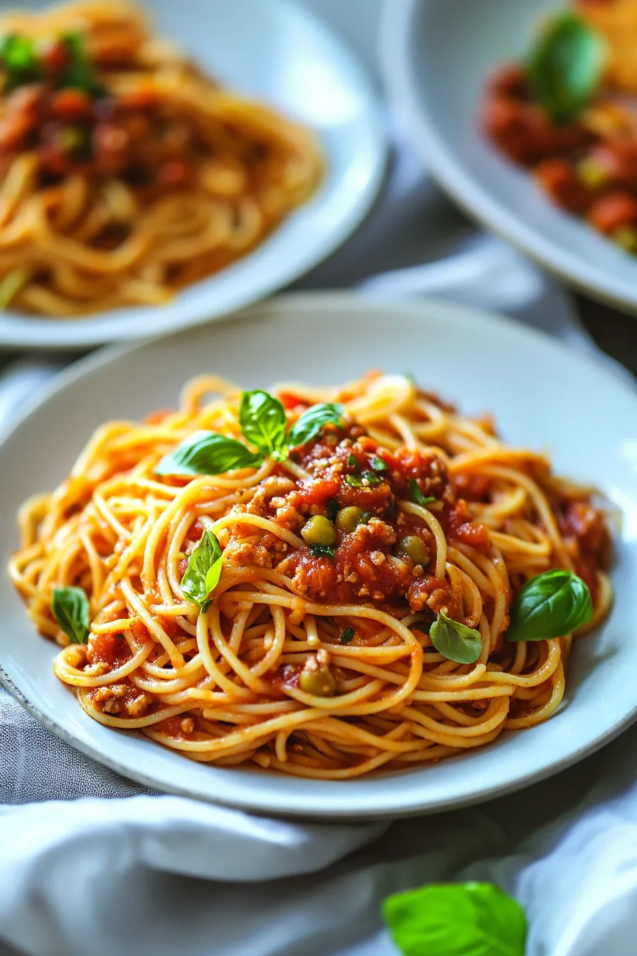 Plate of baked spaghetti topped with melted cheese and herbs.
