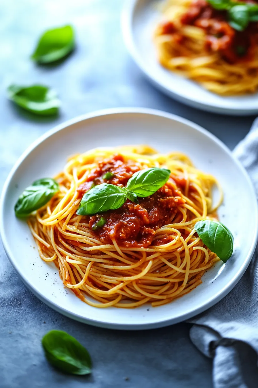 Hearty spaghetti casserole portioned onto a dinner plate.