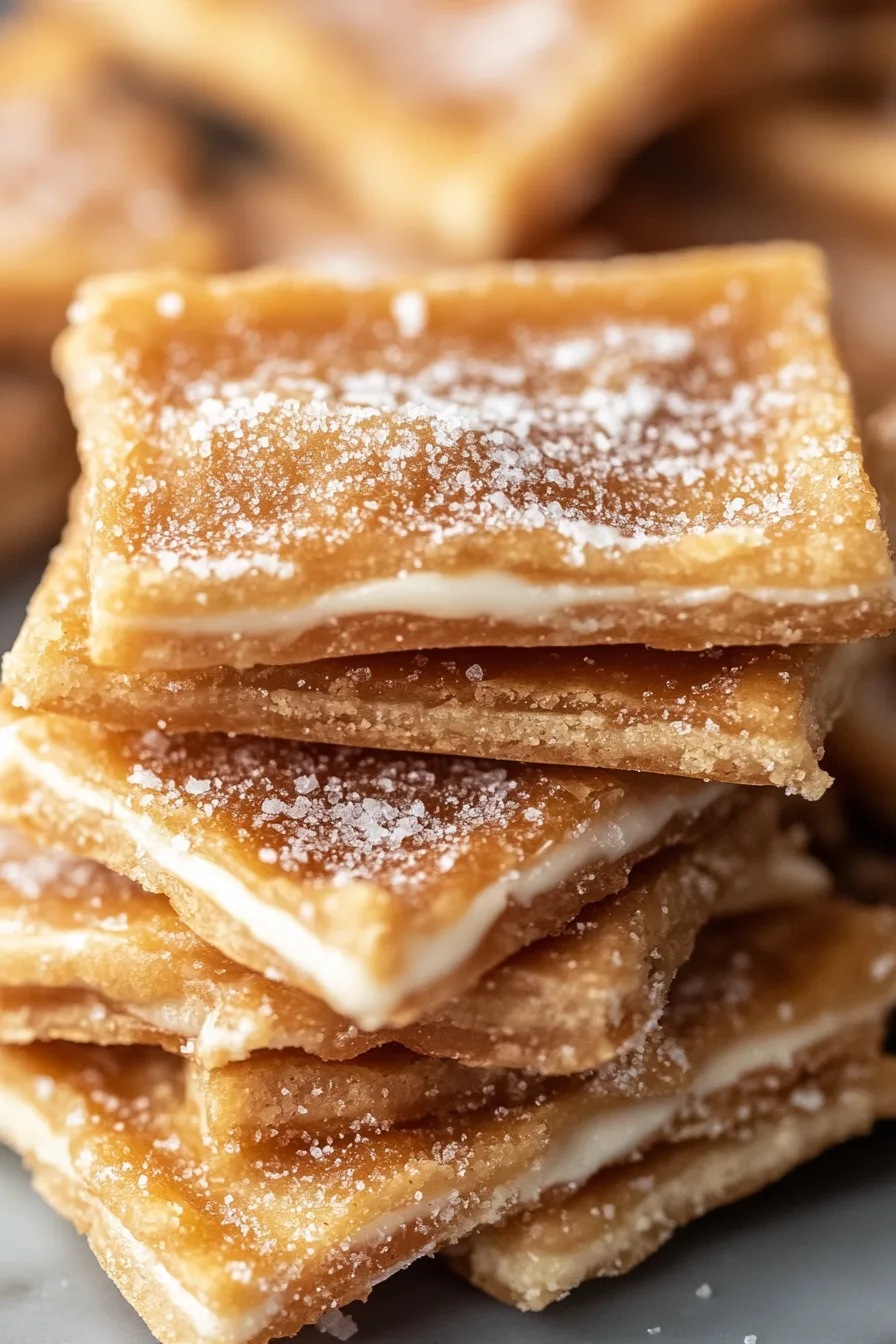 Close-up of crispy toffee pieces coated in cinnamon and sugar.