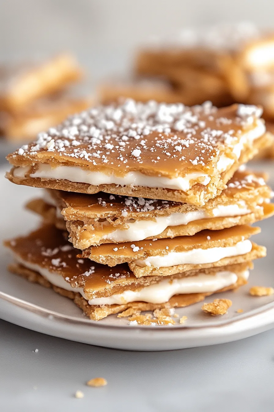 Caramel-coated cracker dessert sprinkled with cinnamon sugar.