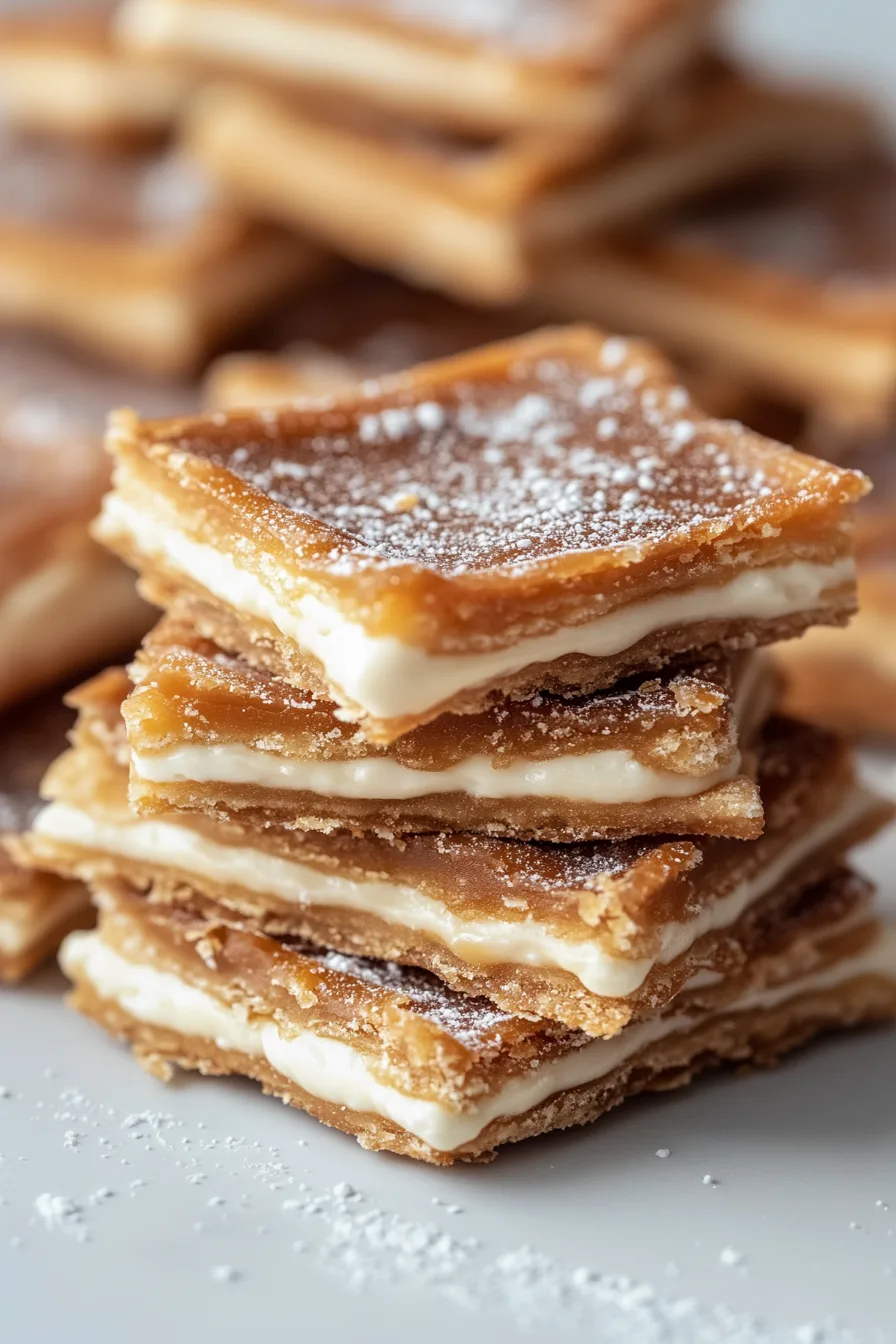 Golden, crackly toffee bark broken into pieces on a plate.