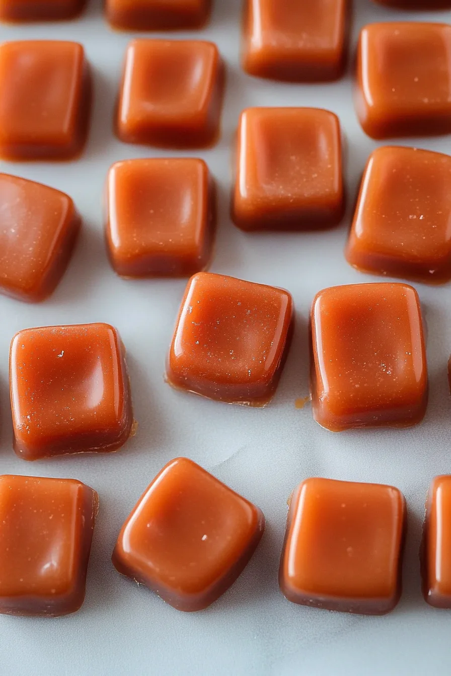 A batch of neatly cut caramel candies cooling on a sheet of parchment.