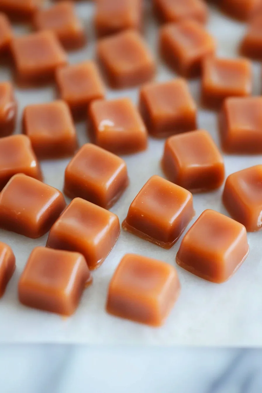 Buttery caramel cubes set on parchment, ready for wrapping or serving.