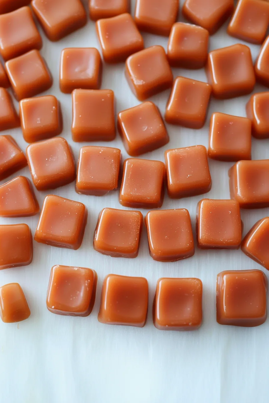 Shiny caramel pieces lined up in rows after being sliced.