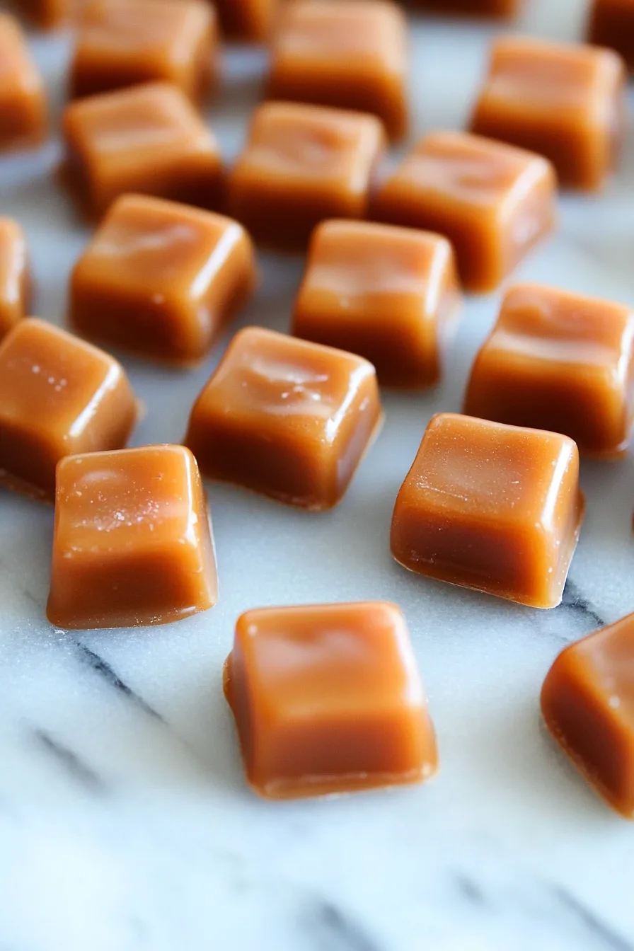 Soft, glossy caramel squares arranged on a table.