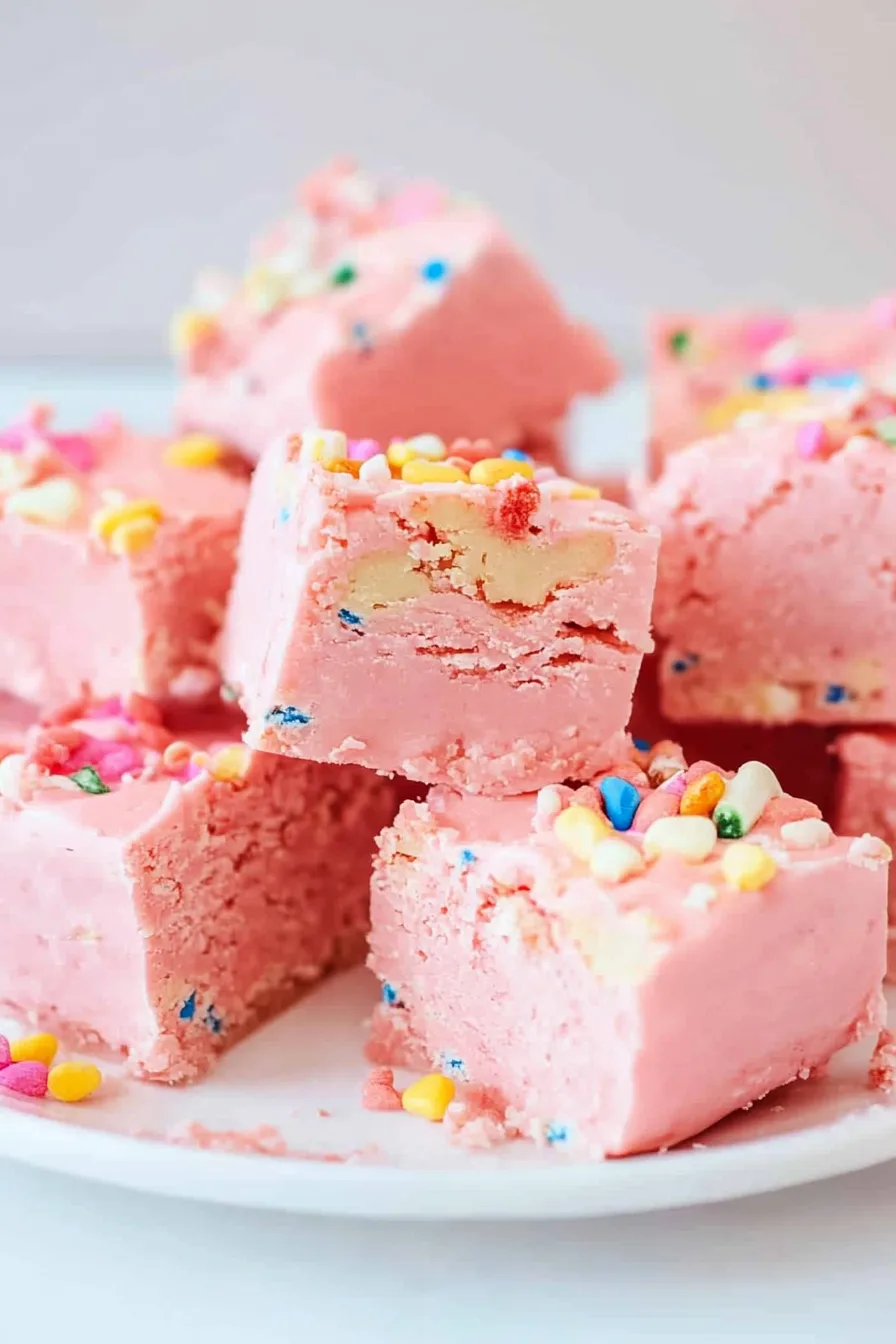 Close-up of pastel pink fudge squares with colorful sprinkles.